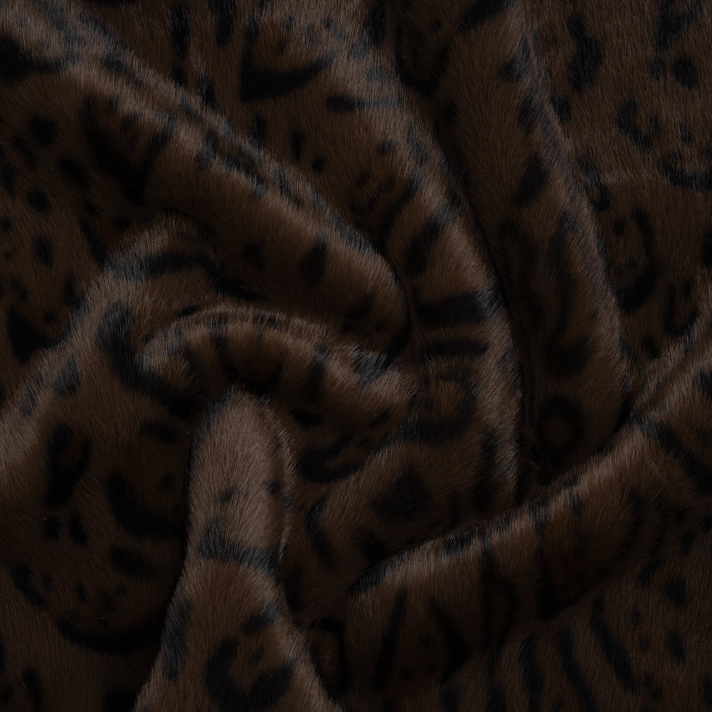Plush Short Pile Recycled Polyester Faux Fur - Chocolate Brown and Black Animal Print Plush Short Pile Recycled Polyester Faux Fur - Chocolate Brown and Black Animal Print
