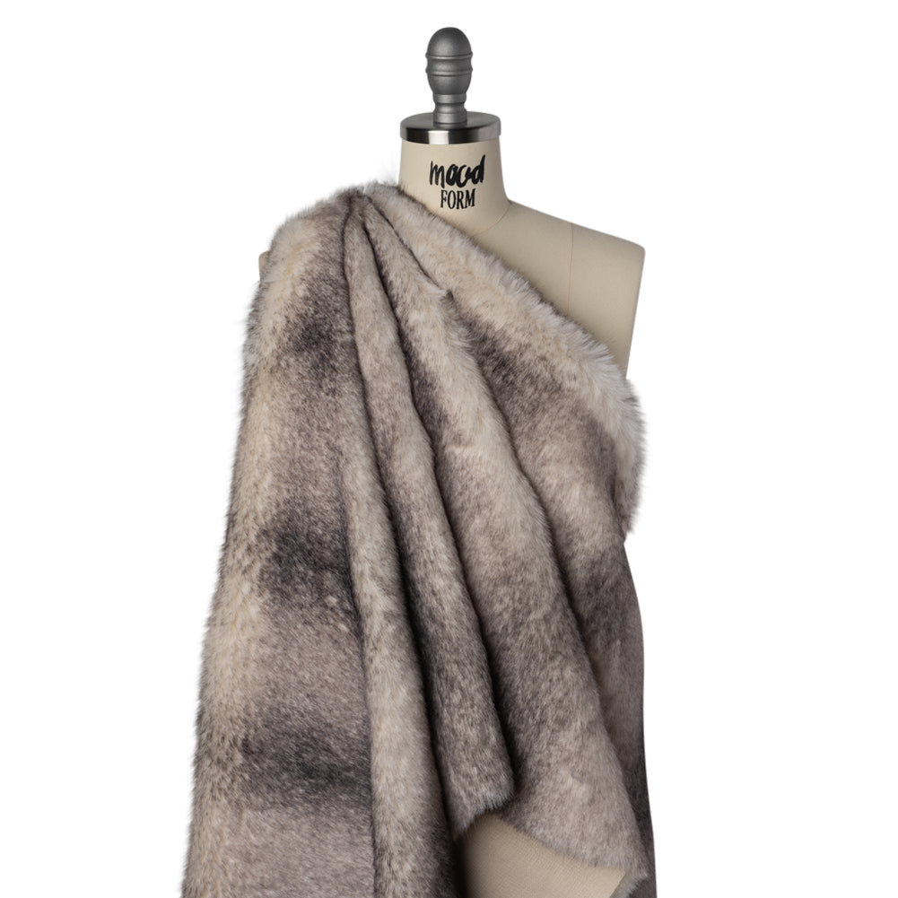 Plush Two-Tone Medium Pile Recycled Polyester Faux Fur - Ivory and Gray - Drape Plush Two-Tone Medium Pile Recycled Polyester Faux Fur - Ivory and Gray - Drape