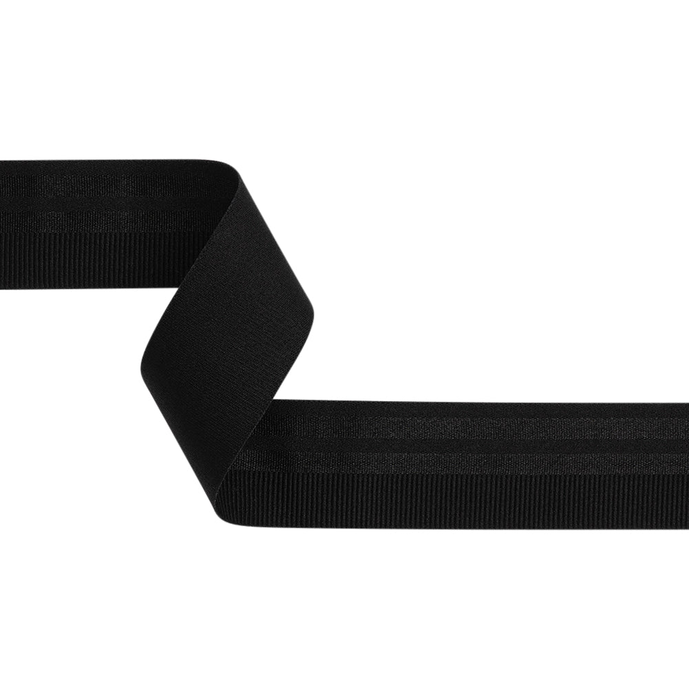 Nylon Elastic Trim with Satin Stripes and Ribbing Made in Italy - 1.625" - Black Nylon Elastic Trim with Satin Stripes and Ribbing Made in Italy - 1.625" - Black