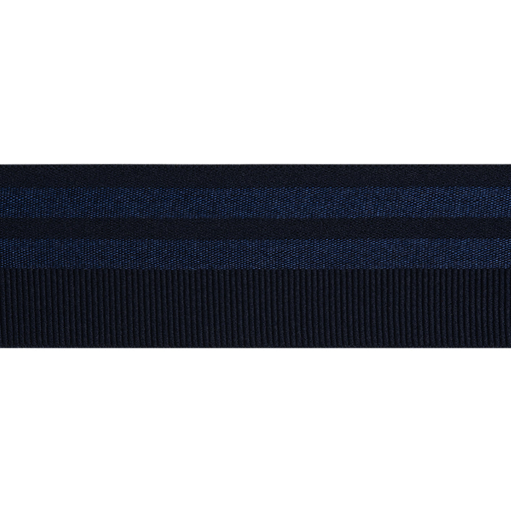Nylon Elastic Trim with Satin Stripes and Ribbing Made in Italy - 1.625" - Navy Nylon Elastic Trim with Satin Stripes and Ribbing Made in Italy - 1.625" - Navy