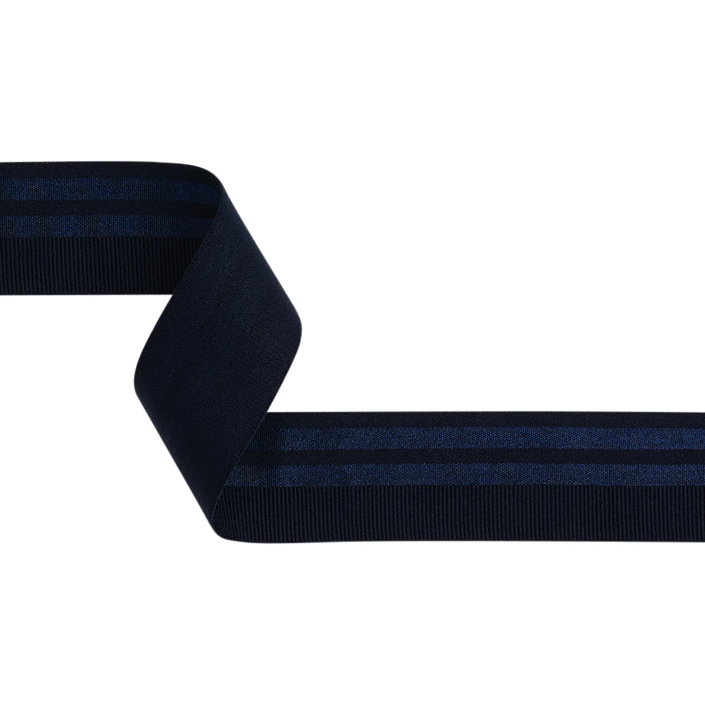 Nylon Elastic Trim with Satin Stripes and Ribbing Made in Italy - 1.625" - Navy Nylon Elastic Trim with Satin Stripes and Ribbing Made in Italy - 1.625" - Navy