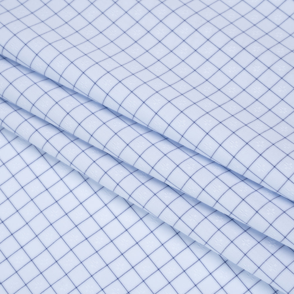 Cotton Dobby Shirting Made in Italy - Light Blue and Navy Checks and Flowers - Deadstock Cotton Dobby Shirting Made in Italy - Light Blue and Navy Checks and Flowers - Deadstock