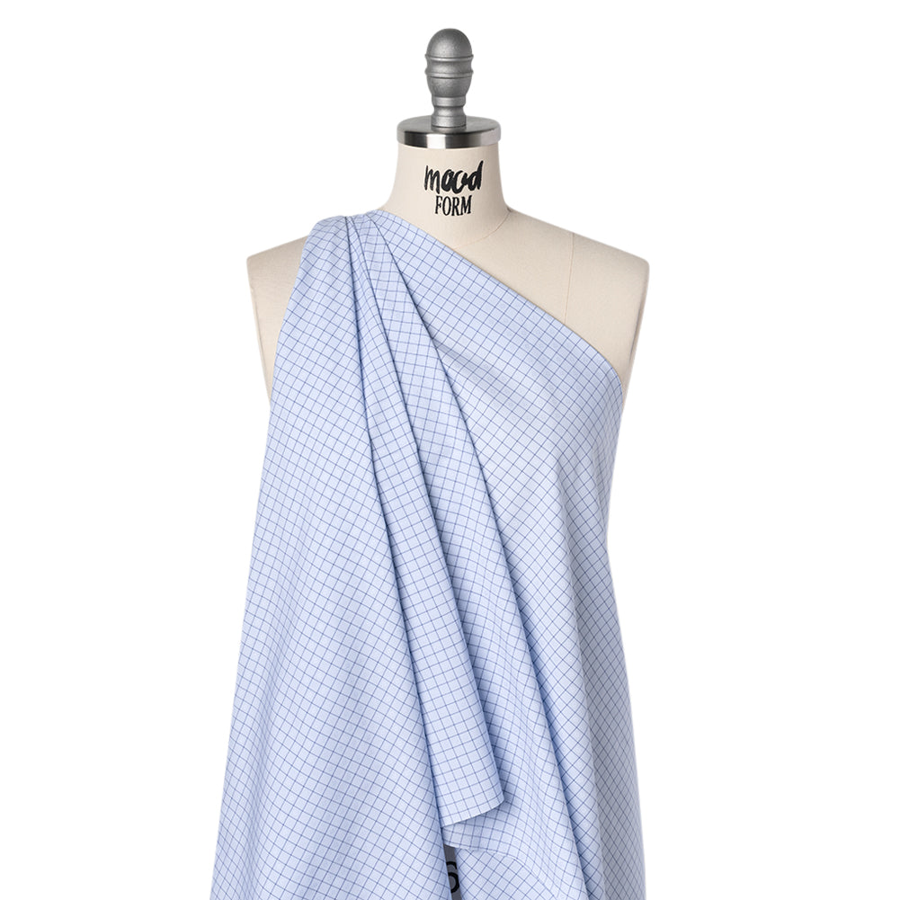 Cotton Dobby Shirting Made in Italy - Light Blue and Navy Checks and Flowers - Deadstock Cotton Dobby Shirting Made in Italy - Light Blue and Navy Checks and Flowers - Deadstock