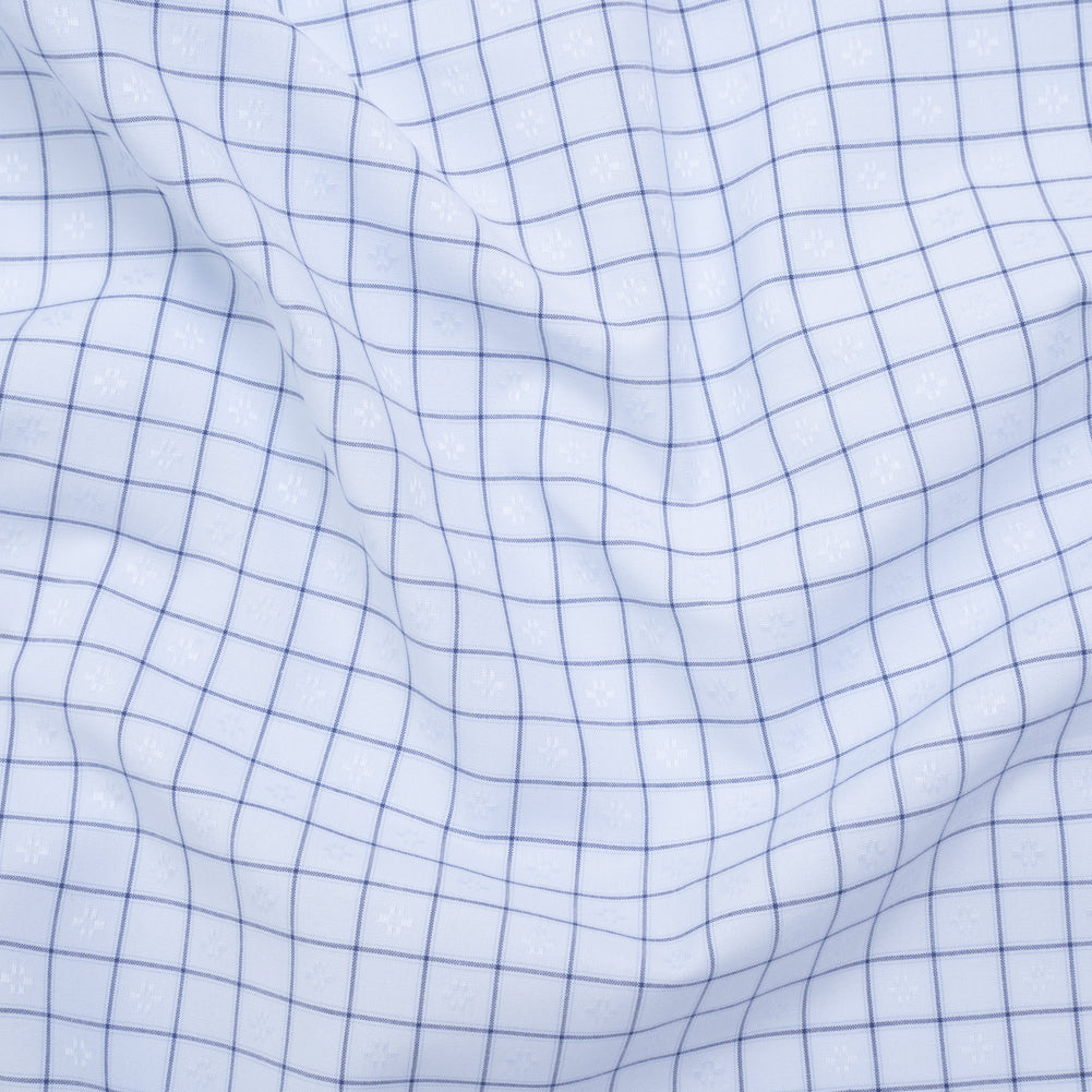 Cotton Dobby Shirting Made in Italy - Light Blue and Navy Checks and Flowers - Deadstock Cotton Dobby Shirting Made in Italy - Light Blue and Navy Checks and Flowers - Deadstock