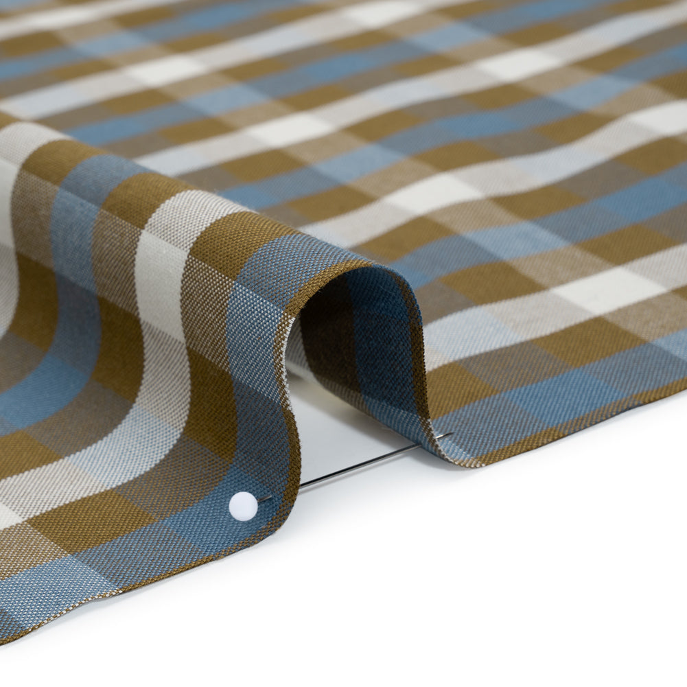 Cotton Oxford Shirting - Olive Brown, White and Blue Big Tattersall Check - Deadstock Cotton Oxford Shirting - Olive Brown, White and Blue Big Tattersall Check - Deadstock