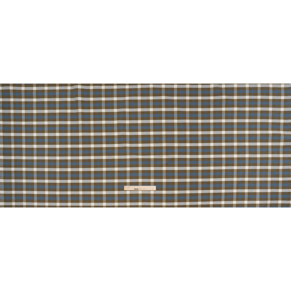 Cotton Oxford Shirting - Olive Brown, White and Blue Big Tattersall Check - Deadstock Cotton Oxford Shirting - Olive Brown, White and Blue Big Tattersall Check - Deadstock