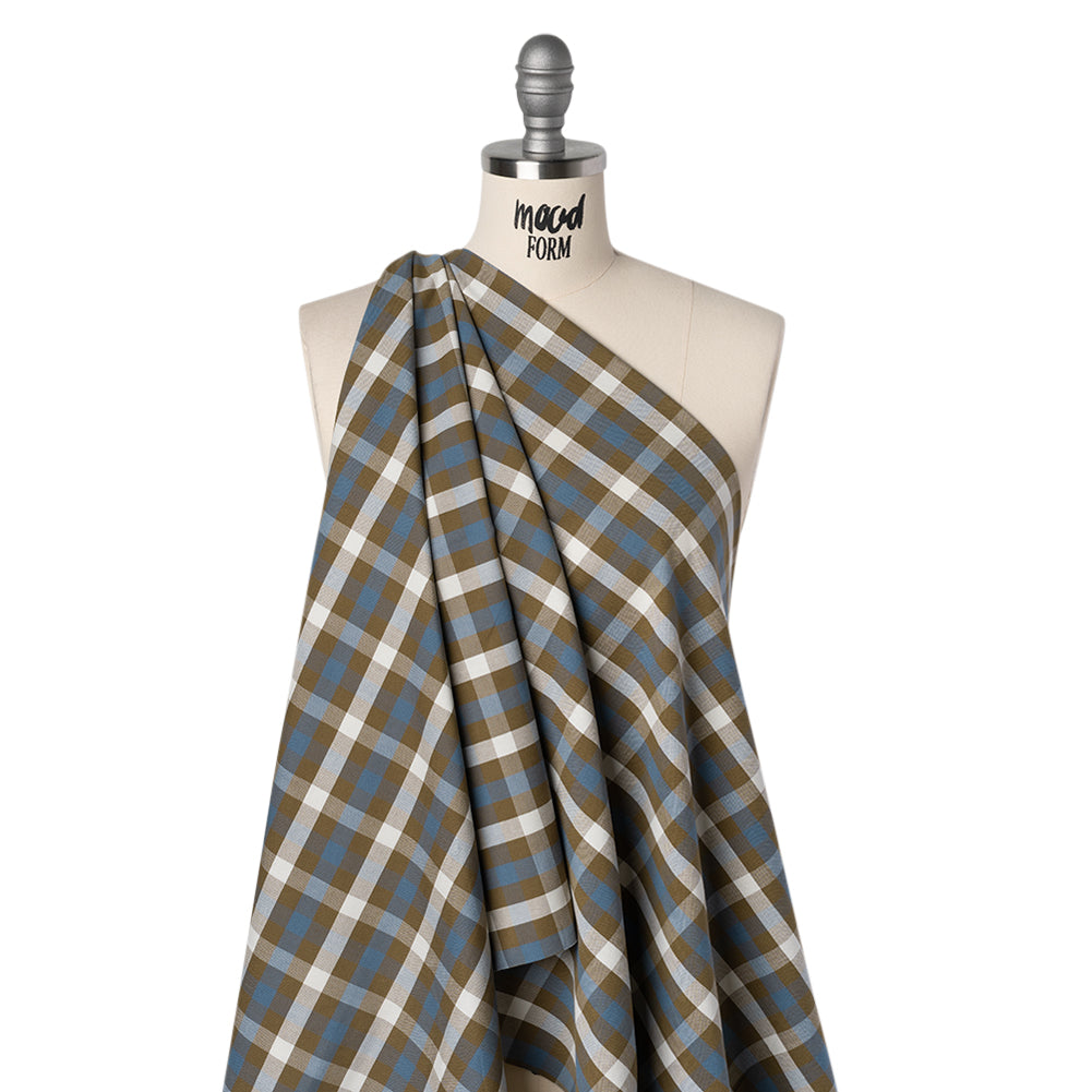 Cotton Oxford Shirting - Olive Brown, White and Blue Big Tattersall Check - Deadstock Cotton Oxford Shirting - Olive Brown, White and Blue Big Tattersall Check - Deadstock