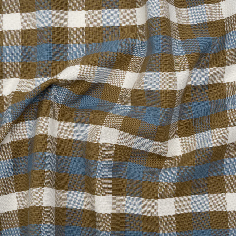 Cotton Oxford Shirting - Olive Brown, White and Blue Big Tattersall Check - Deadstock Cotton Oxford Shirting - Olive Brown, White and Blue Big Tattersall Check - Deadstock