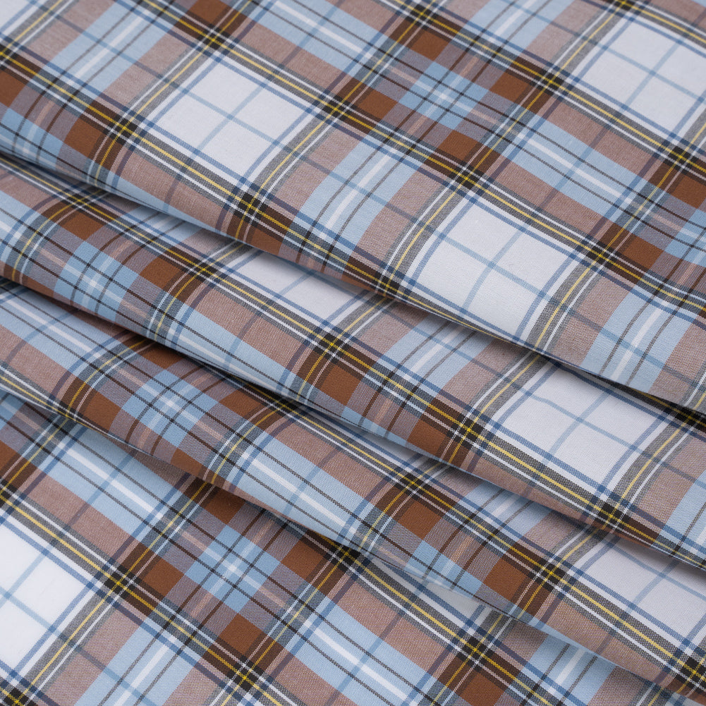 Cotton Shirting Made in Italy - Russet Brown, Country Blue and White Plaid - Designer Deadstock Cotton Shirting Made in Italy - Russet Brown, Country Blue and White Plaid - Designer Deadstock