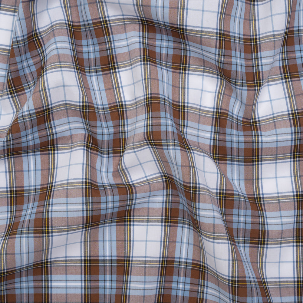 Cotton Shirting Made in Italy - Russet Brown, Country Blue and White Plaid - Designer Deadstock Cotton Shirting Made in Italy - Russet Brown, Country Blue and White Plaid - Designer Deadstock