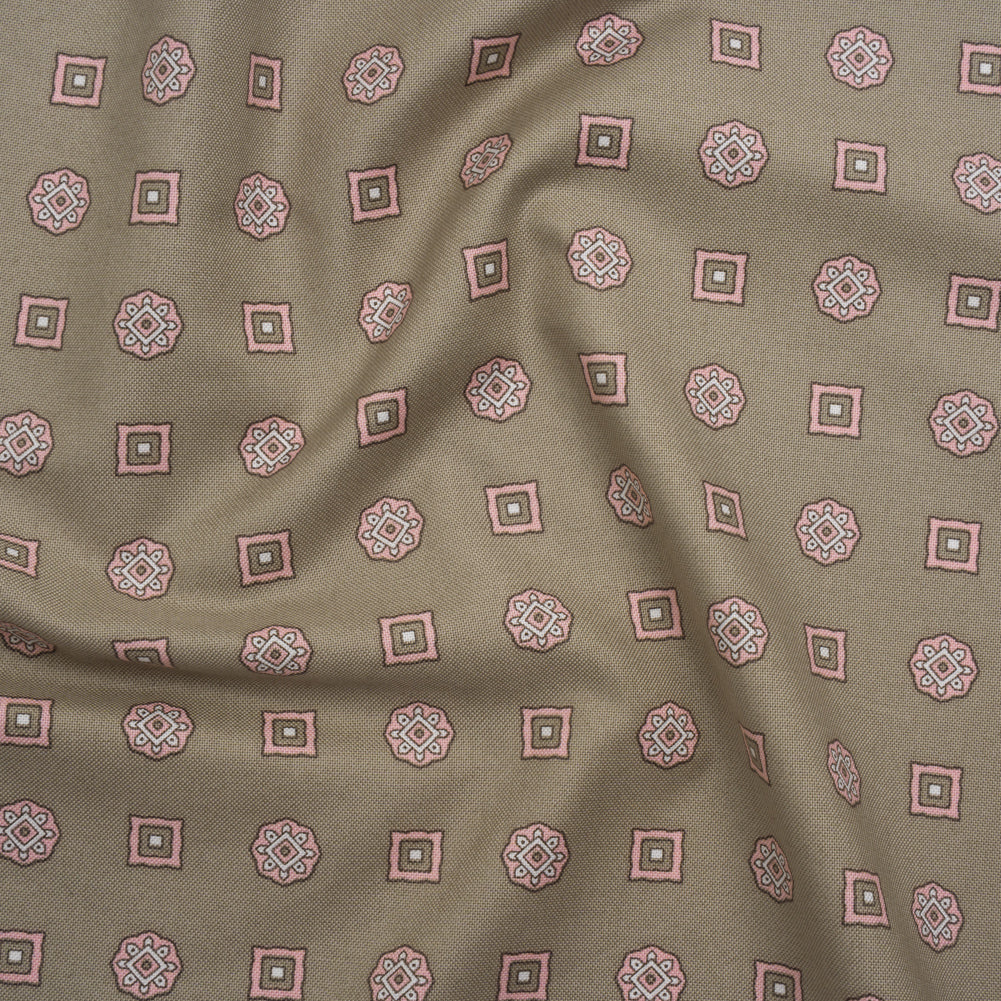 Cotton Oxford Shirting Print - Warm Gray, Baby Pink and White Medallions and Squares - Deadstock Cotton Oxford Shirting Print - Warm Gray, Baby Pink and White Medallions and Squares - Deadstock