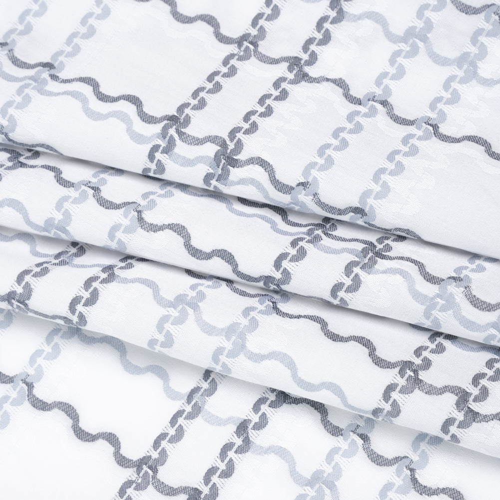 Cotton Jacquard Shirting - Charcoal, Pale Blue and White Wavy Lines Plaid - Deadstock Cotton Jacquard Shirting - Charcoal, Pale Blue and White Wavy Lines Plaid - Deadstock