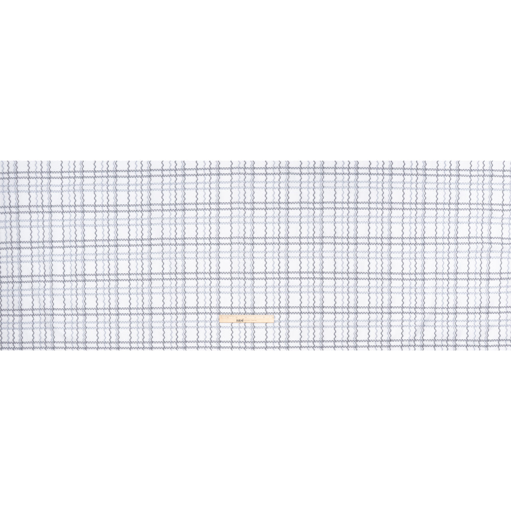 Cotton Jacquard Shirting - Charcoal, Pale Blue and White Wavy Lines Plaid - Deadstock Cotton Jacquard Shirting - Charcoal, Pale Blue and White Wavy Lines Plaid - Deadstock