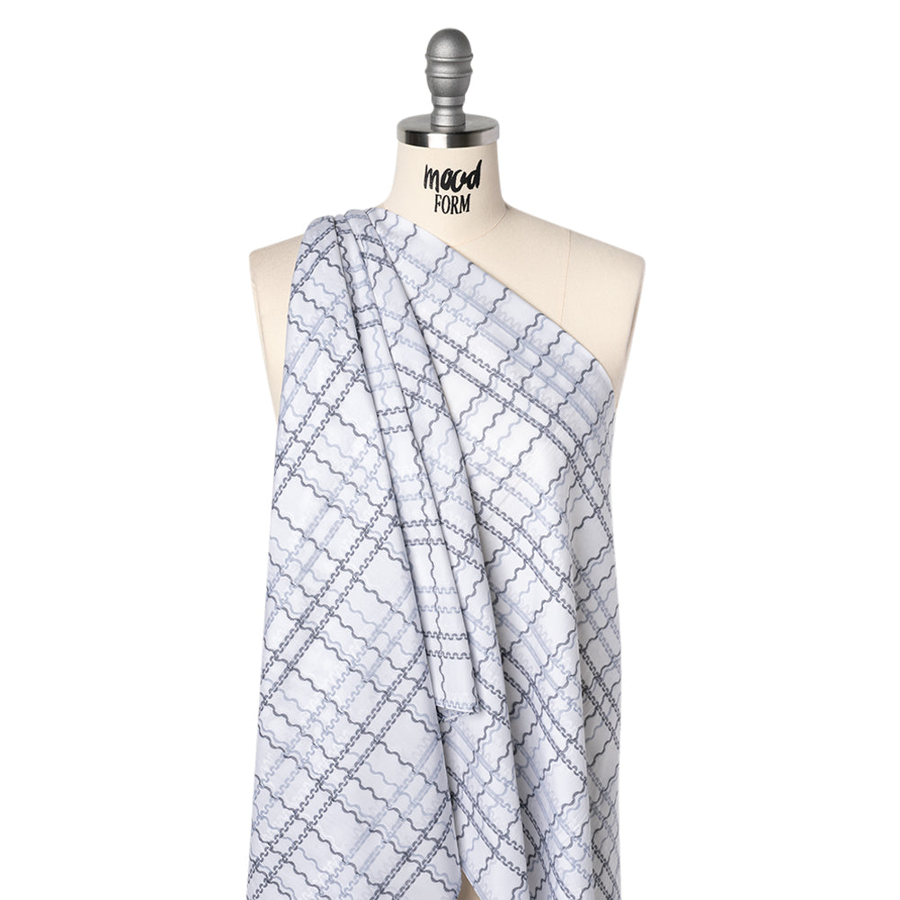 Cotton Jacquard Shirting - Charcoal, Pale Blue and White Wavy Lines Plaid - Deadstock Cotton Jacquard Shirting - Charcoal, Pale Blue and White Wavy Lines Plaid - Deadstock