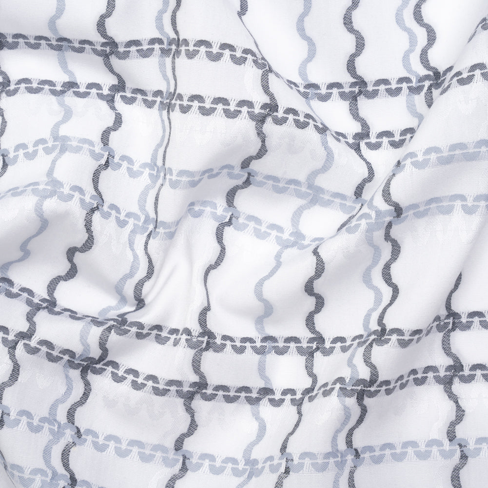 Cotton Jacquard Shirting - Charcoal, Pale Blue and White Wavy Lines Plaid - Deadstock Cotton Jacquard Shirting - Charcoal, Pale Blue and White Wavy Lines Plaid - Deadstock
