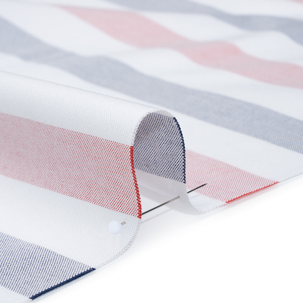Cotton Oxford Shirting - Red, Midnight Blue and White Awning Stripes - Deadstock Cotton Oxford Shirting - Red, Midnight Blue and White Awning Stripes - Deadstock