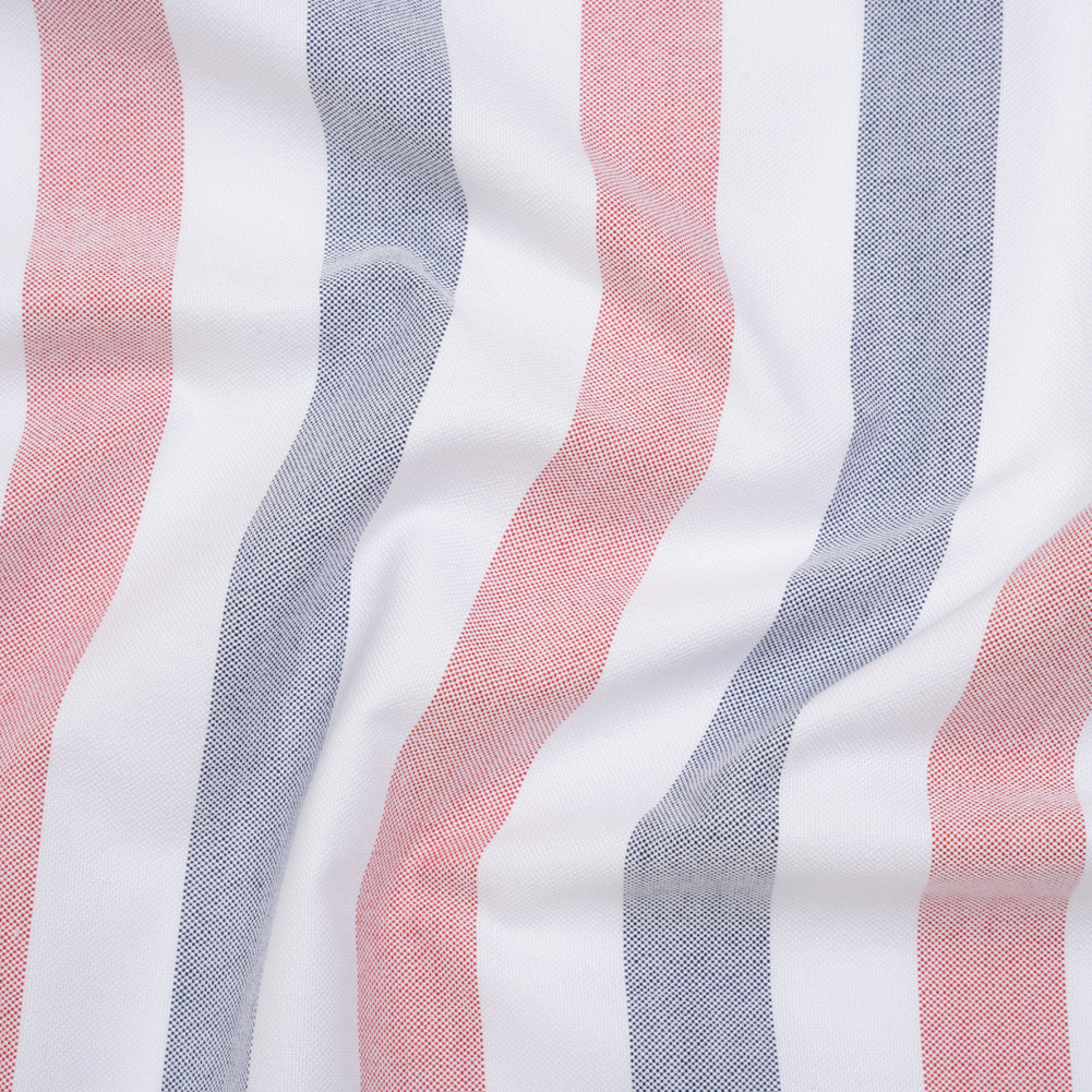 Cotton Oxford Shirting - Red, Midnight Blue and White Awning Stripes - Deadstock Cotton Oxford Shirting - Red, Midnight Blue and White Awning Stripes - Deadstock