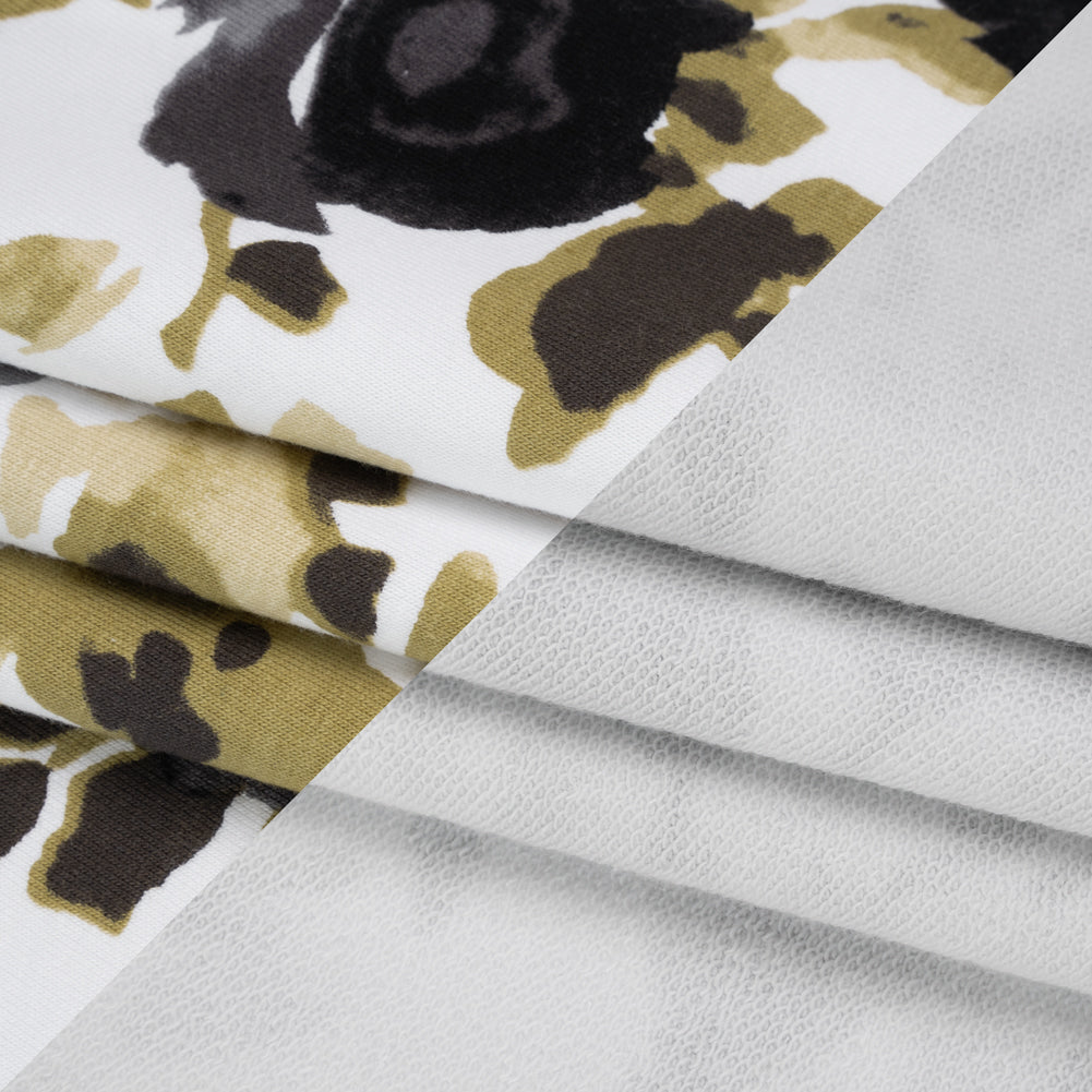 Stretch Cotton French Terry - Olive, Black and White Abstract Roses Print - Deadstock Stretch Cotton French Terry - Olive, Black and White Abstract Roses Print - Deadstock