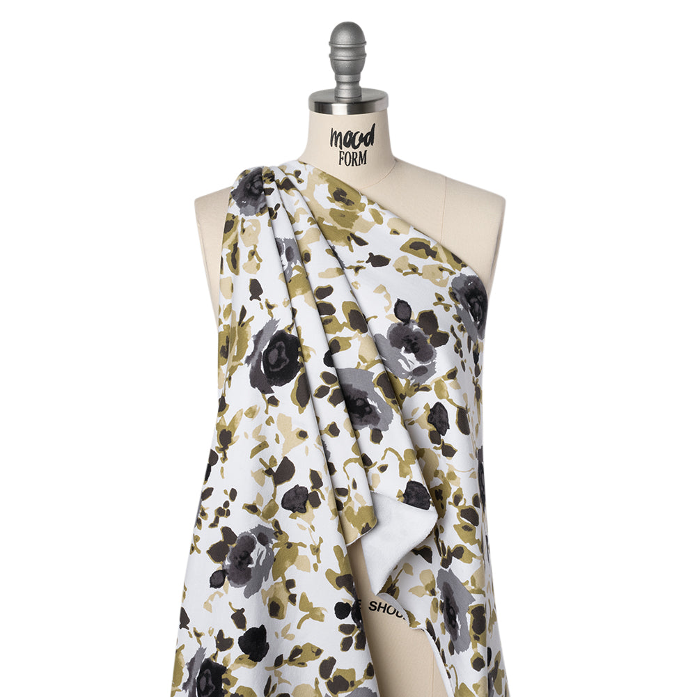 Stretch Cotton French Terry - Olive, Black and White Abstract Roses Print - Deadstock Stretch Cotton French Terry - Olive, Black and White Abstract Roses Print - Deadstock