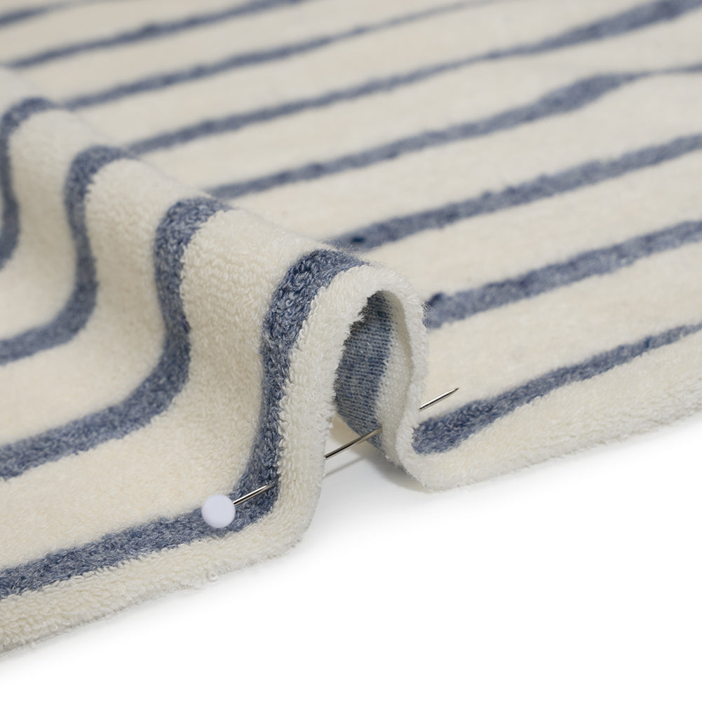 Plush Cotton Blend French Terry - Muted Blue and Off White Stripes - Deadstock Plush Cotton Blend French Terry - Muted Blue and Off White Stripes - Deadstock