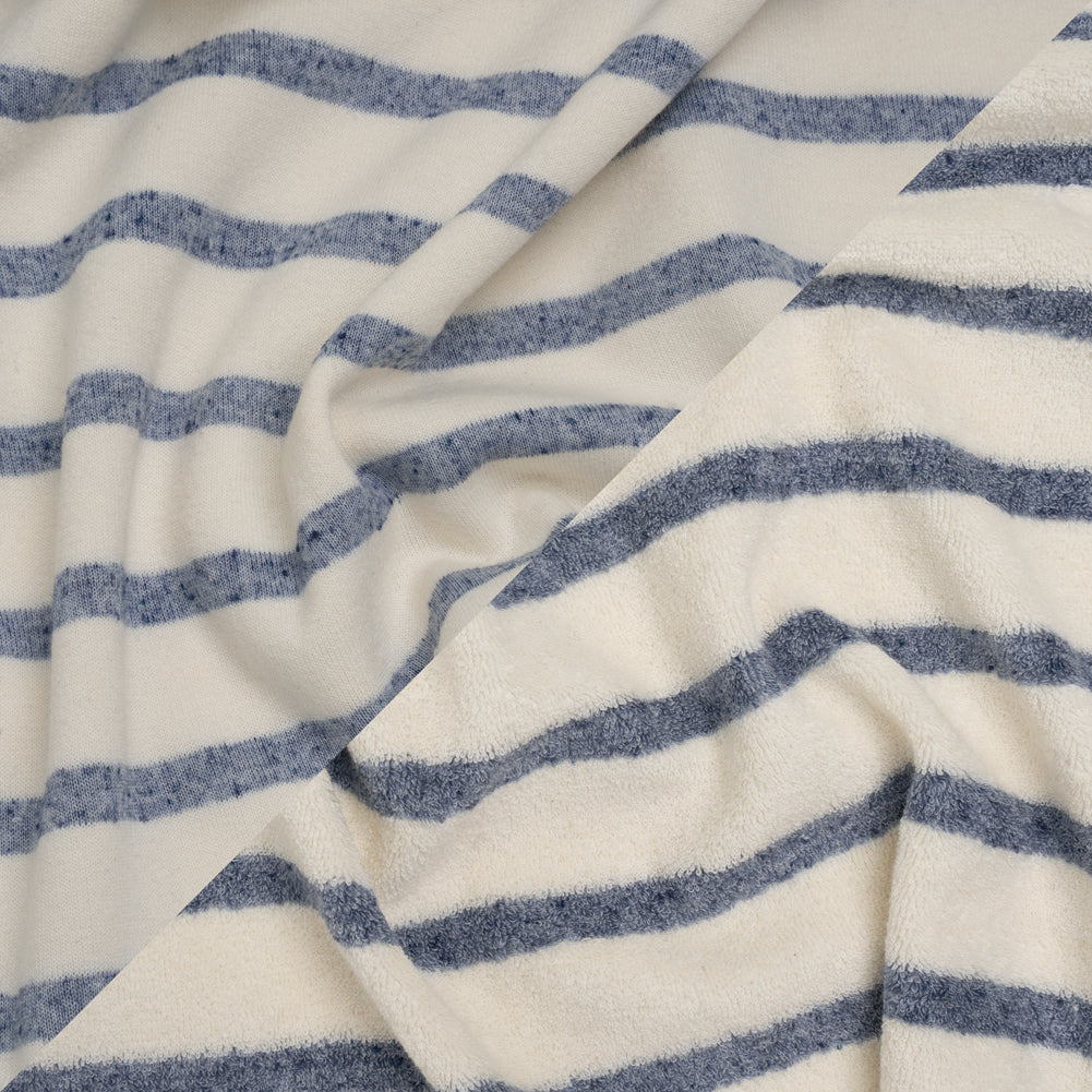 Plush Cotton Blend French Terry - Muted Blue and Off White Stripes - Deadstock Plush Cotton Blend French Terry - Muted Blue and Off White Stripes - Deadstock