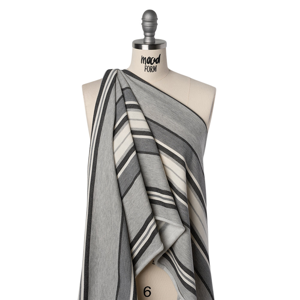 Cotton Sweatshirt Fleece - Heathered Gray, Charcoal and White Barcode Stripes - Deadstock Cotton Sweatshirt Fleece - Heathered Gray, Charcoal and White Barcode Stripes - Deadstock