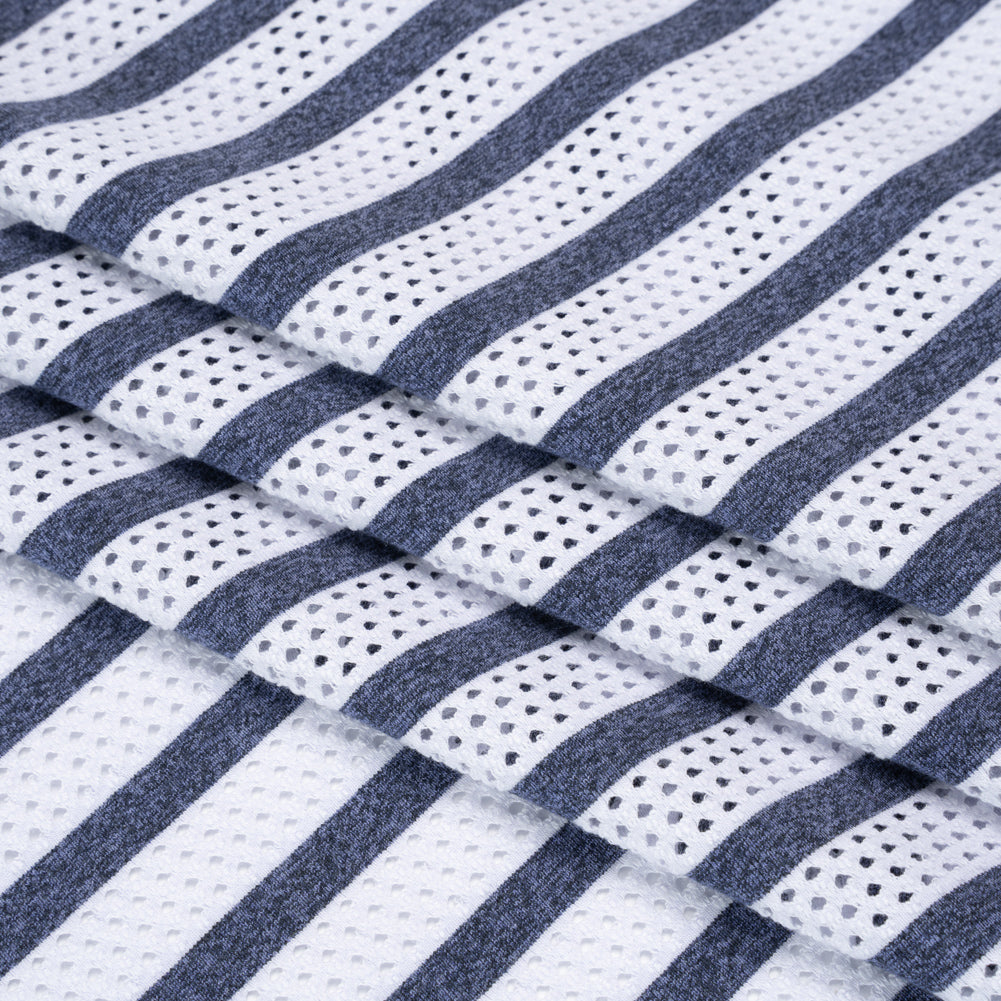 Stretch Polyester Jersey Knit Mesh - White Mesh and Heathered Navy Stripes - Deadstock Stretch Polyester Jersey Knit Mesh - White Mesh and Heathered Navy Stripes - Deadstock