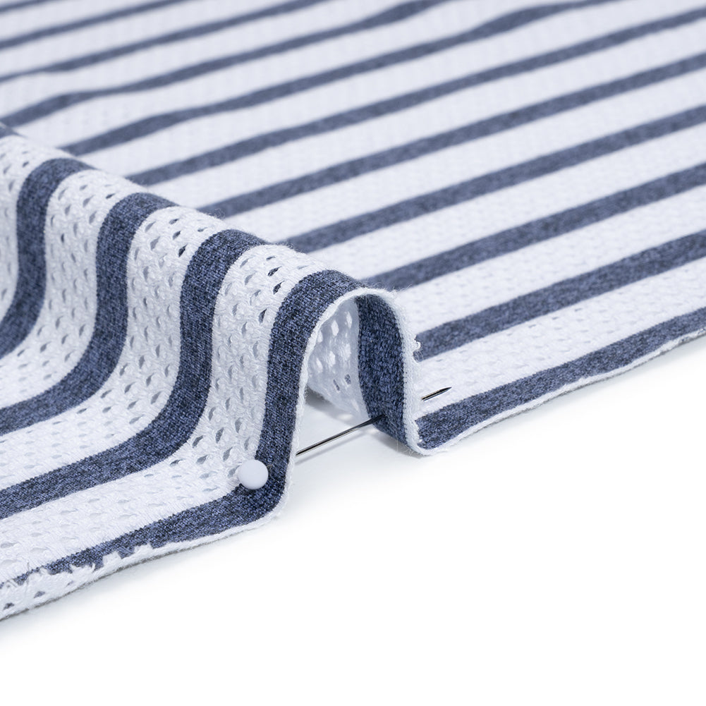 Stretch Polyester Jersey Knit Mesh - White Mesh and Heathered Navy Stripes - Deadstock Stretch Polyester Jersey Knit Mesh - White Mesh and Heathered Navy Stripes - Deadstock