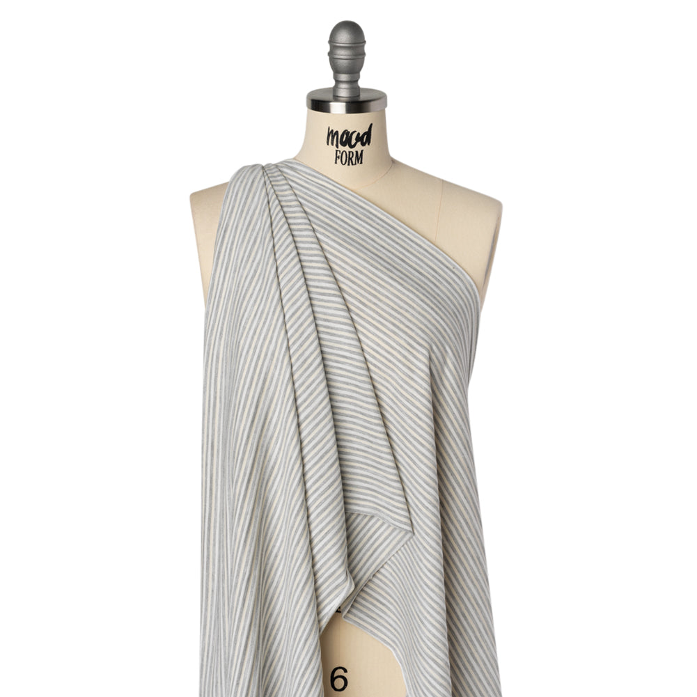 Polyester French Terry - Heathered Gray, Cream and White Stripes - Deadstock Polyester French Terry - Heathered Gray, Cream and White Stripes - Deadstock