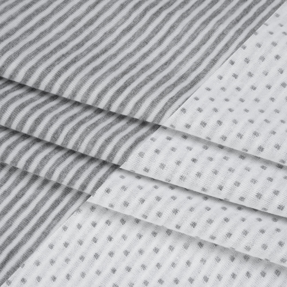 Rayon and Polyester Double Knit Jersey - Gray and White Stripes and Polka Dots - Deadstock Rayon and Polyester Double Knit Jersey - Gray and White Stripes and Polka Dots - Deadstock