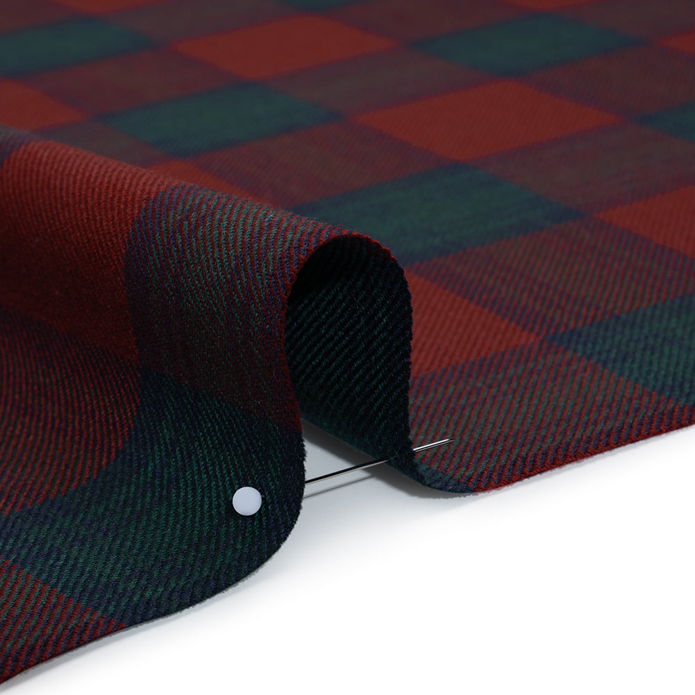 Virgin Wool Twill Made in Italy - Wine Red, Navy and Green Check Plaid - Detail Virgin Wool Twill Made in Italy - Wine Red, Navy and Green Check Plaid - Detail