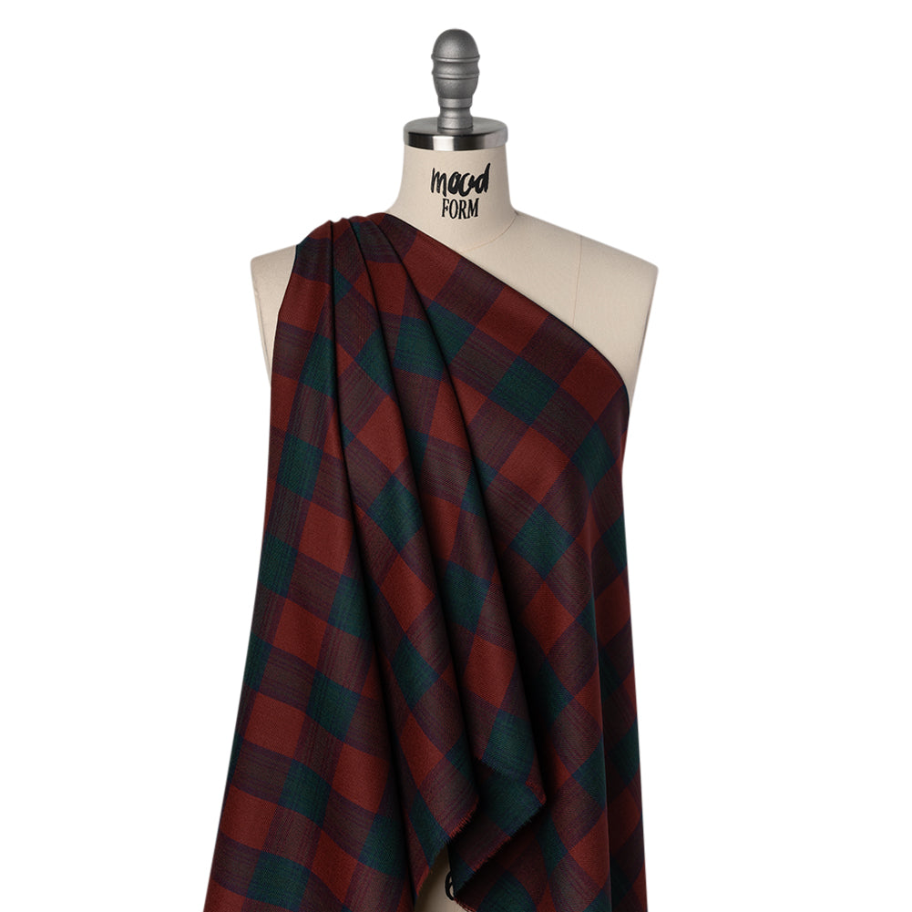 Virgin Wool Twill Made in Italy - Wine Red, Navy and Green Check Plaid - Drape Virgin Wool Twill Made in Italy - Wine Red, Navy and Green Check Plaid - Drape