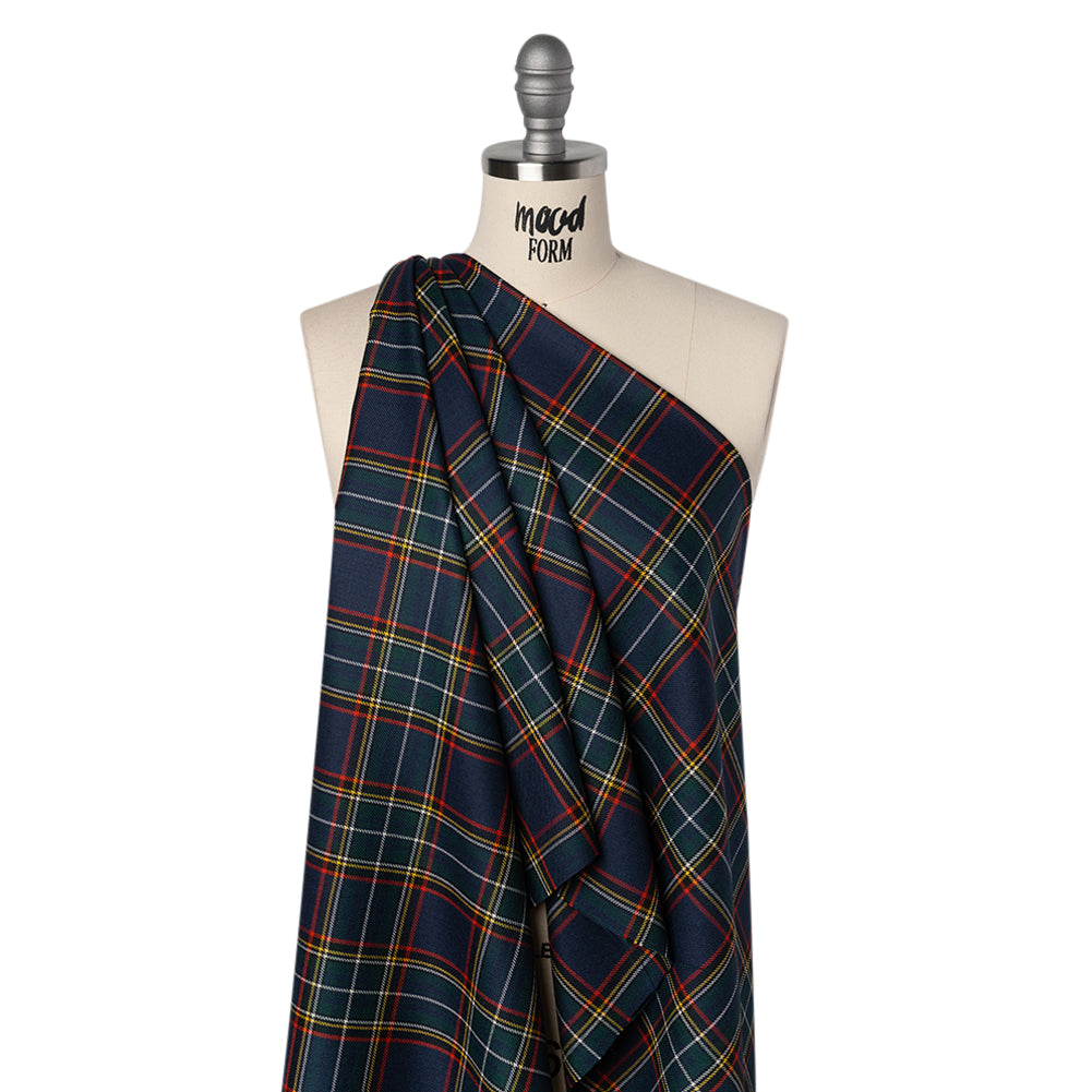 Virgin Wool Twill Made in Italy - Navy Blue, Green and Red Plaid Virgin Wool Twill Made in Italy - Navy Blue, Green and Red Plaid