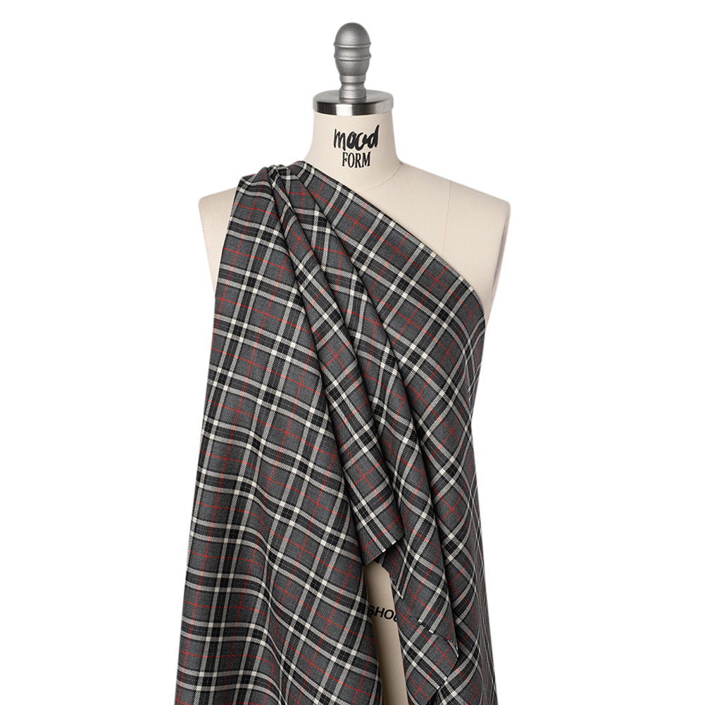 Virgin Wool Twill Made in Italy - Gray, Black and Red Classic Plaid Drape Virgin Wool Twill Made in Italy - Gray, Black and Red Classic Plaid Drape