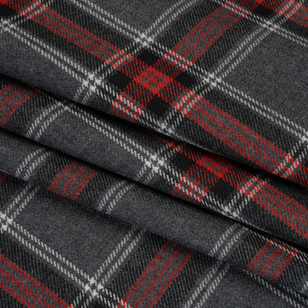 Virgin Wool Twill Made in Italy - Heathered Gray and Red Plaid Virgin Wool Twill Made in Italy - Heathered Gray and Red Plaid