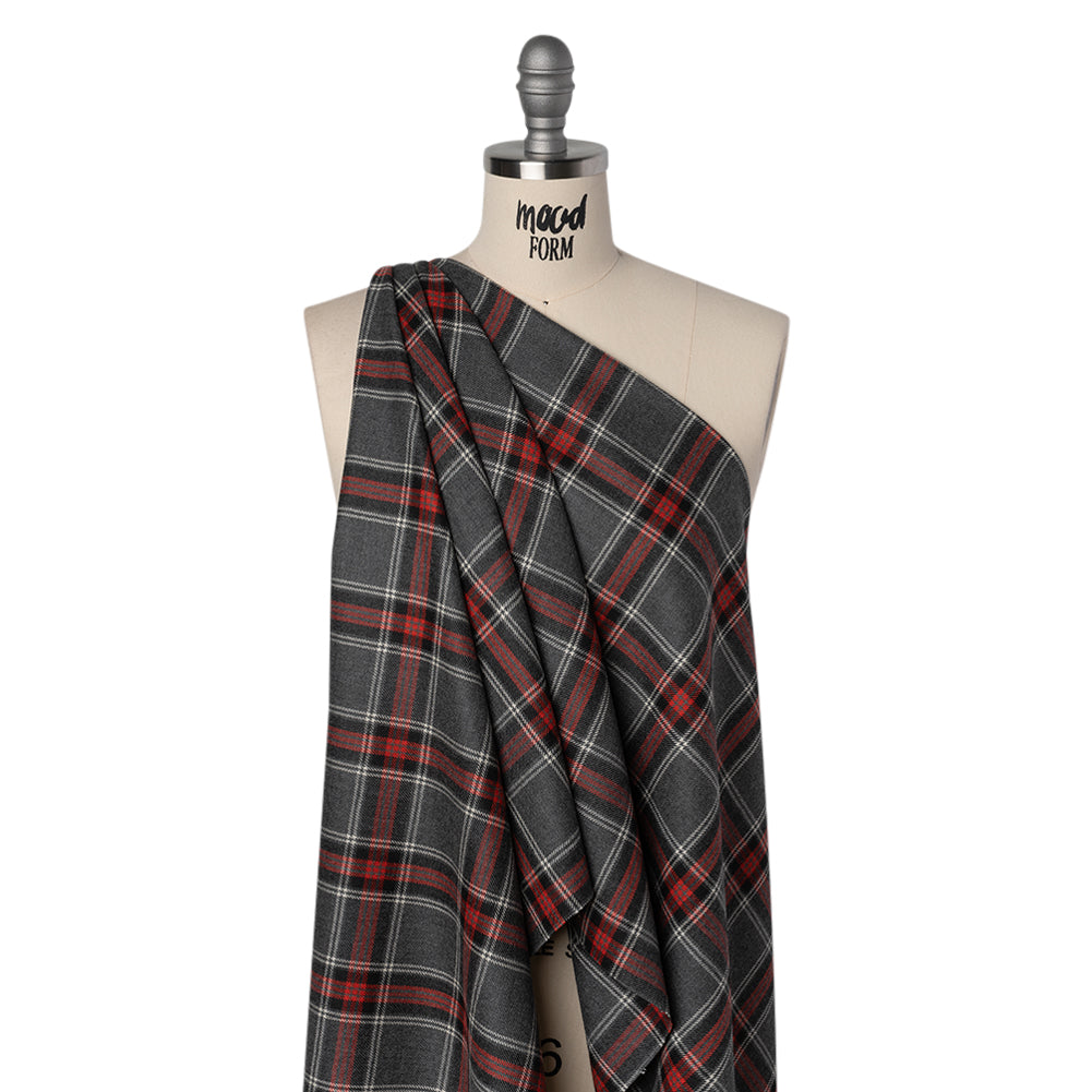 Virgin Wool Twill Made in Italy - Heathered Gray and Red Plaid Virgin Wool Twill Made in Italy - Heathered Gray and Red Plaid