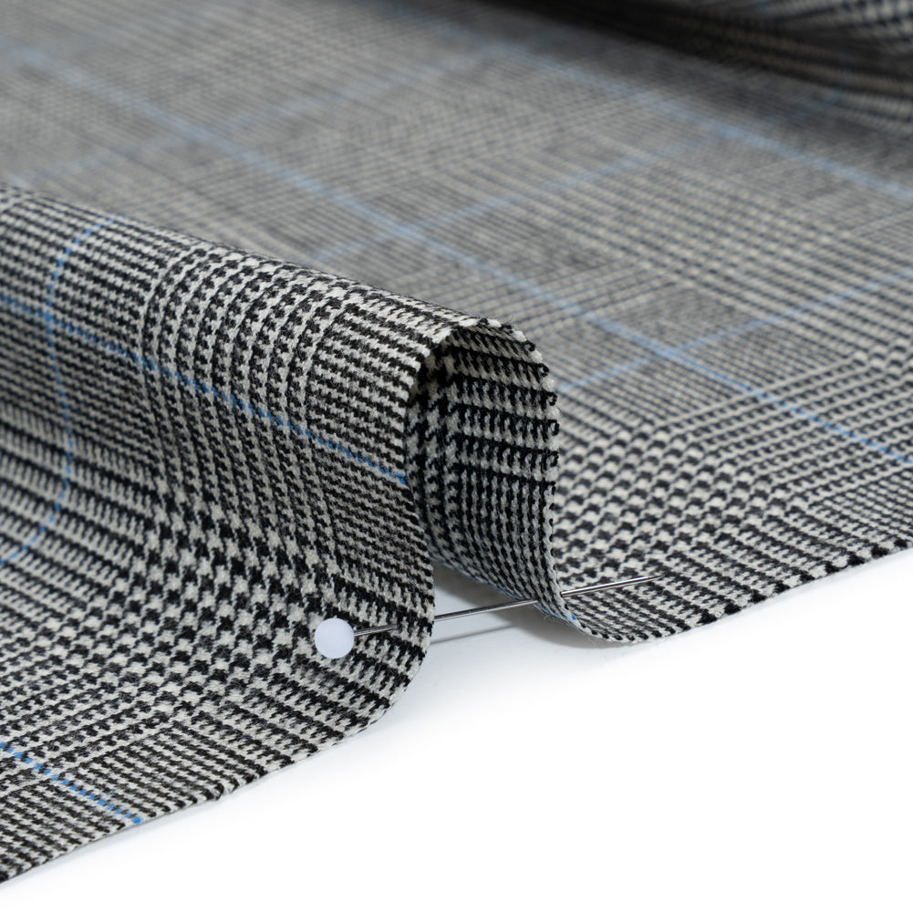 Brushed Virgin Merino Wool Twill - Black, White and Sky Blue Glen Plaid - Detail Brushed Virgin Merino Wool Twill - Black, White and Sky Blue Glen Plaid - Detail