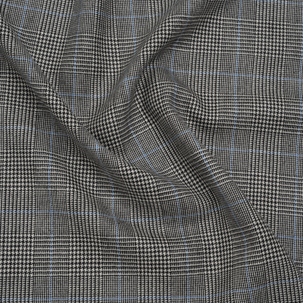 Brushed Virgin Merino Wool Twill - Black, White and Sky Blue Glen Plaid Brushed Virgin Merino Wool Twill - Black, White and Sky Blue Glen Plaid