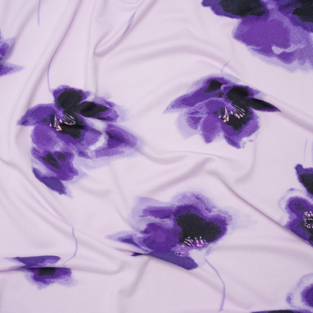 Stretch Polyester ITY Jersey - Purple and Lilac Painterly Florals - Deadstock Stretch Polyester ITY Jersey - Purple and Lilac Painterly Florals - Deadstock