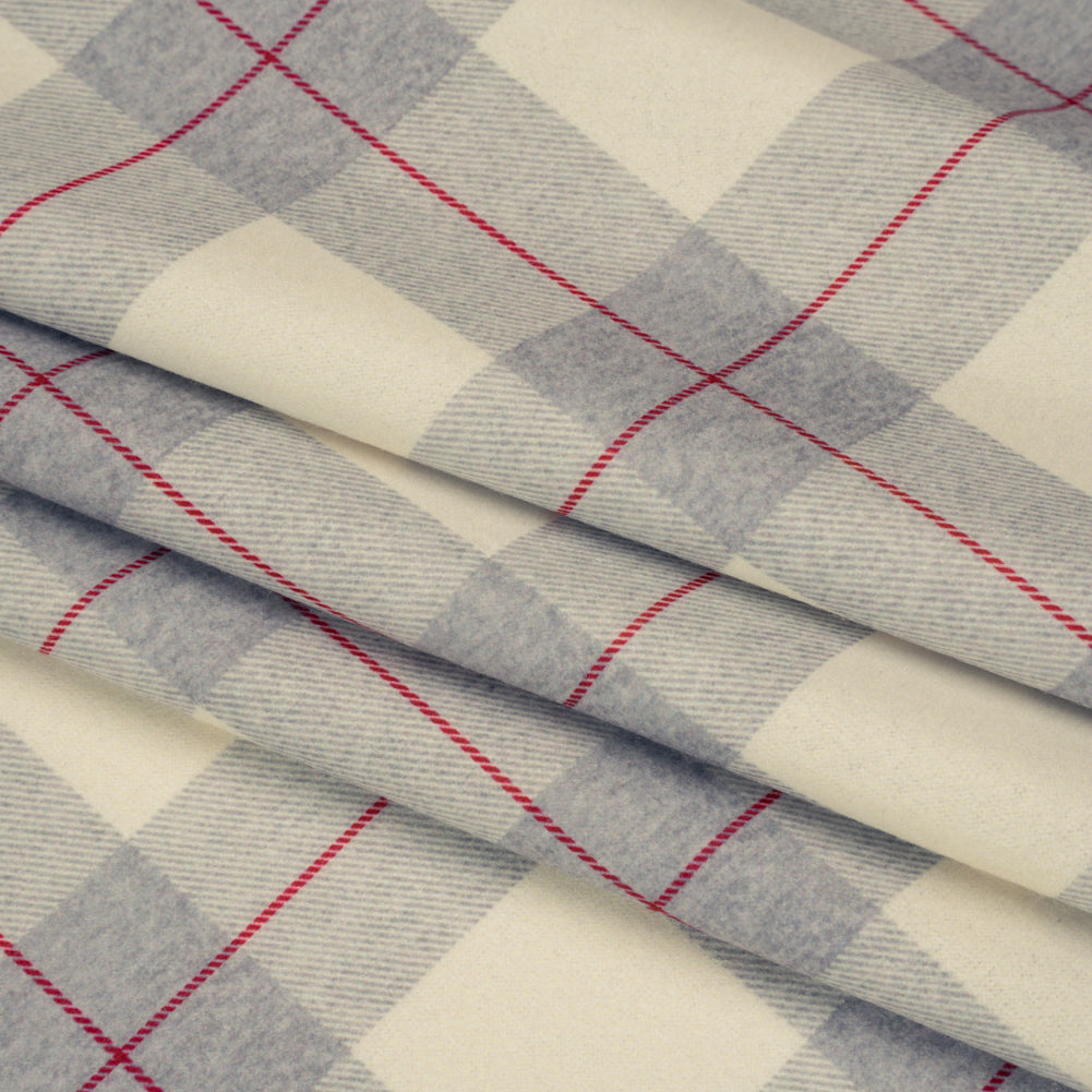 Brushed Recycled Polyester Jersey - Cream, Gray and Red Twill Plaid - Deadstock Brushed Recycled Polyester Jersey - Cream, Gray and Red Twill Plaid - Deadstock