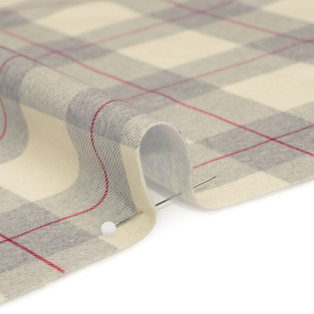 Brushed Recycled Polyester Jersey - Cream, Gray and Red Twill Plaid - Deadstock Brushed Recycled Polyester Jersey - Cream, Gray and Red Twill Plaid - Deadstock