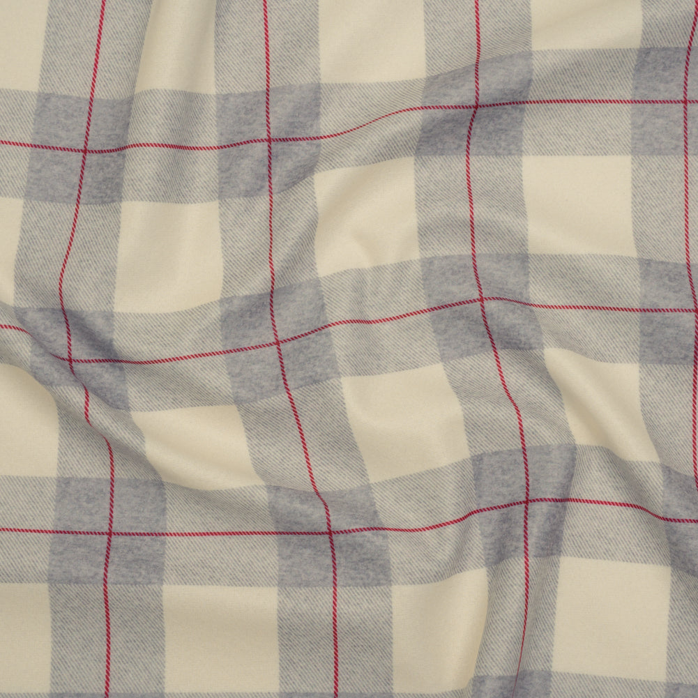 Brushed Recycled Polyester Jersey - Cream, Gray and Red Twill Plaid - Deadstock Brushed Recycled Polyester Jersey - Cream, Gray and Red Twill Plaid - Deadstock