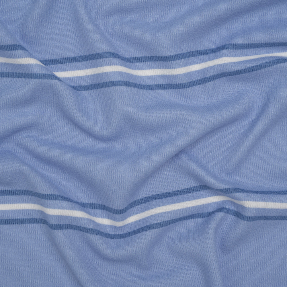 Brushed Stretch Polyester Sweater Knit - Country Blue and White Stripes - Deadstock Brushed Stretch Polyester Sweater Knit - Country Blue and White Stripes - Deadstock