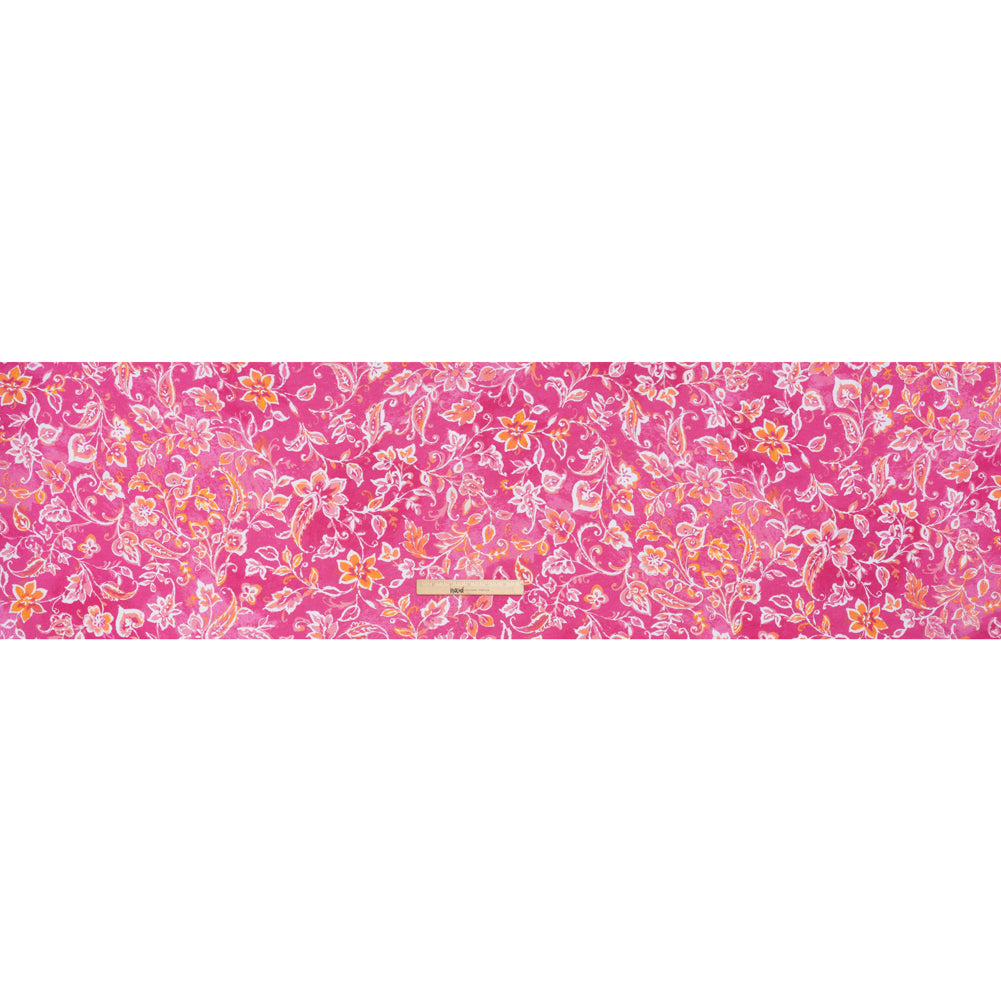 Cotton and Viscose Jersey - Hot Pink, Orange and White Floral with Paisleys - Deadstock Cotton and Viscose Jersey - Hot Pink, Orange and White Floral with Paisleys - Deadstock