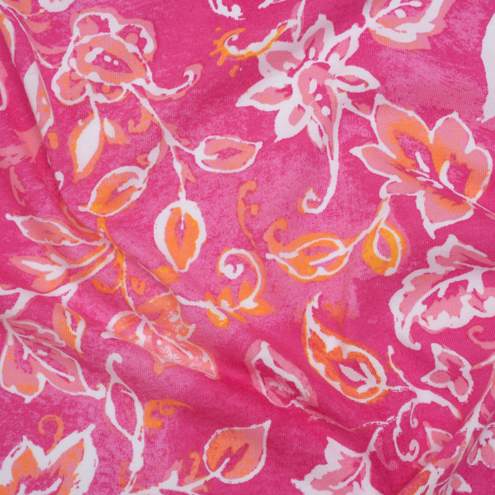 Cotton and Viscose Jersey - Hot Pink, Orange and White Floral with Paisleys - Deadstock Cotton and Viscose Jersey - Hot Pink, Orange and White Floral with Paisleys - Deadstock