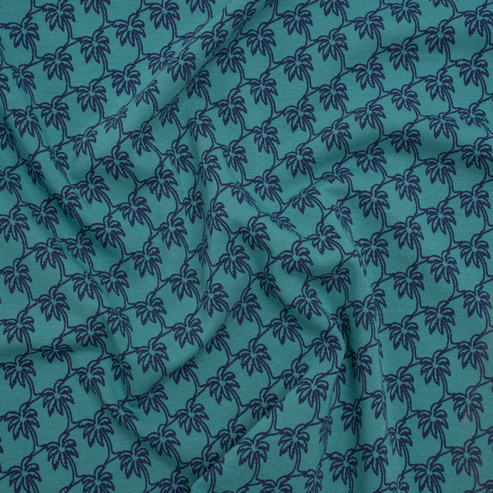 Stretch Cotton Jersey - Dusty Teal and Navy Blue Palm Trees - Deadstock Stretch Cotton Jersey - Dusty Teal and Navy Blue Palm Trees - Deadstock