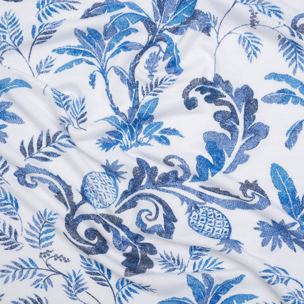 Stretch Rayon Jersey - Blue and White Tropical Palms - Deadstock Stretch Rayon Jersey - Blue and White Tropical Palms - Deadstock