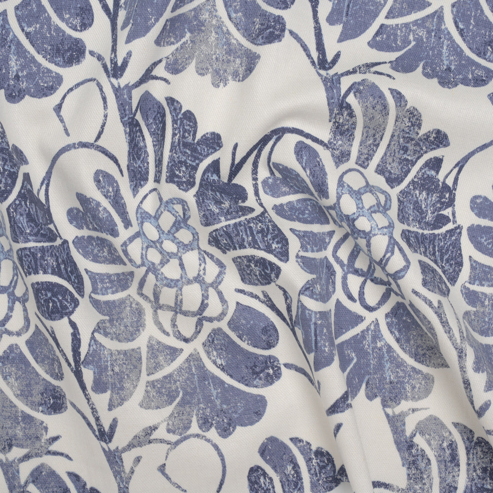 Stretch Linen, Cotton and Viscose Blend Twill Print - Muted Blue and White Floral - Deadstock Stretch Linen, Cotton and Viscose Blend Twill Print - Muted Blue and White Floral - Deadstock