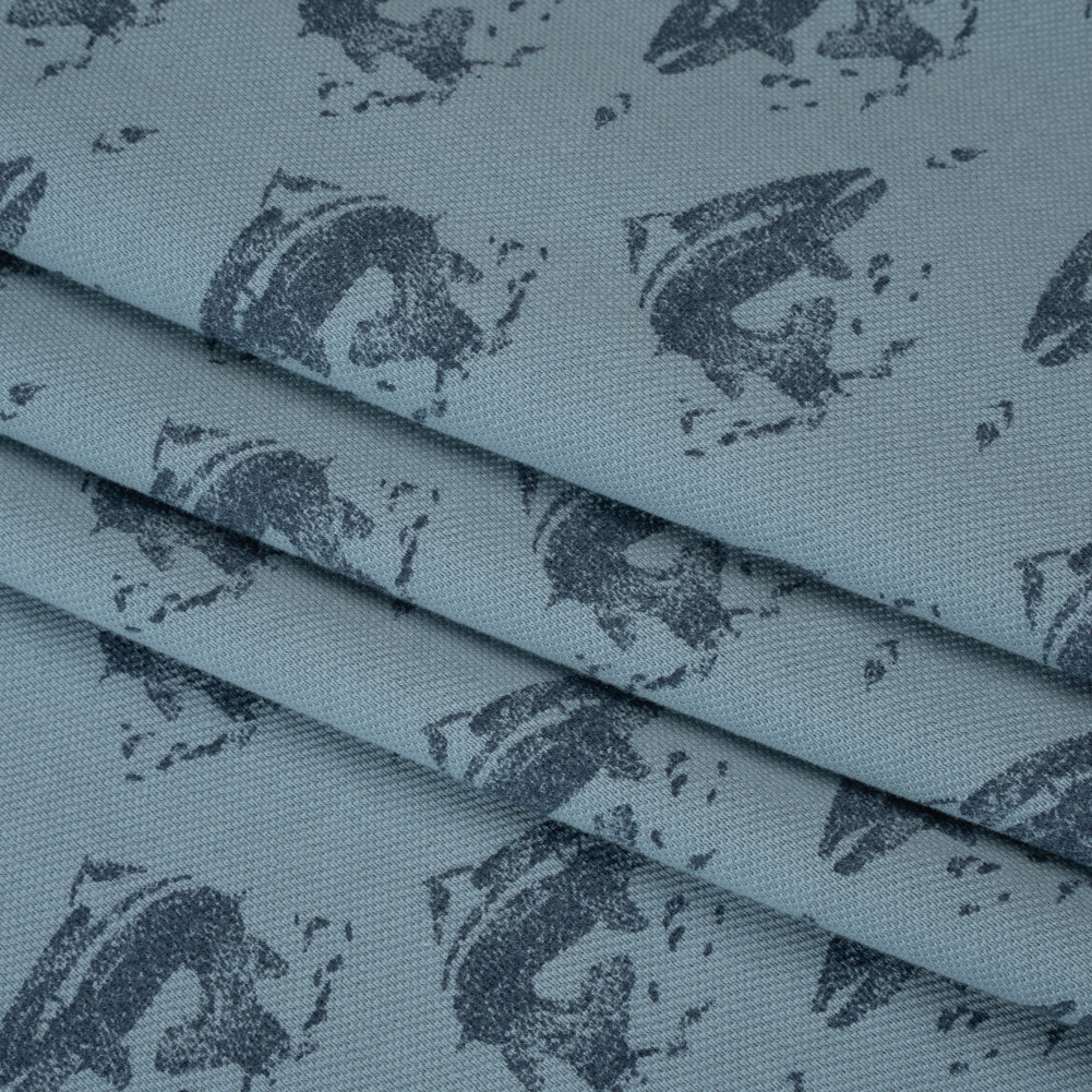 Cotton Pique Knit Print - Navy and Dusty Blue Whales - Deadstock Cotton Pique Knit Print - Navy and Dusty Blue Whales - Deadstock