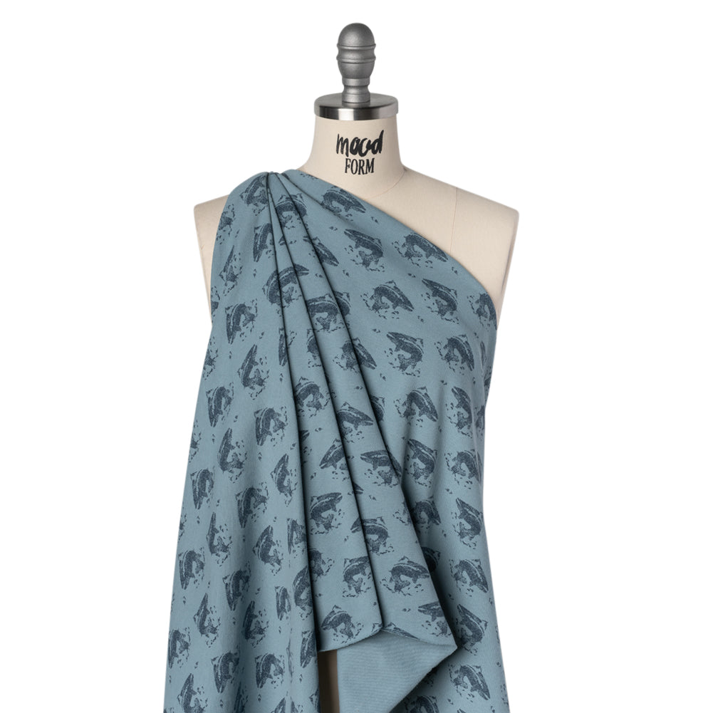 Cotton Pique Knit Print - Navy and Dusty Blue Whales - Deadstock Cotton Pique Knit Print - Navy and Dusty Blue Whales - Deadstock